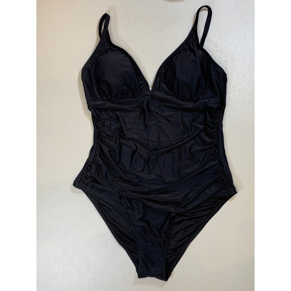 NWT Cupshe Ruched Black One Piece Swimsuit with Adjustable Straps Size Large
